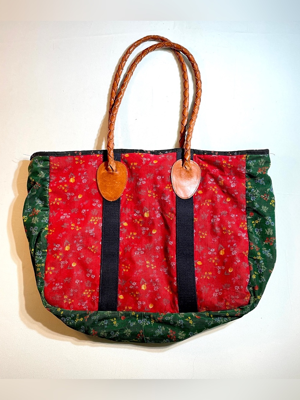 Nordic House Designs Red & Green Corduroy Tote Bag with Braided Leather Handles